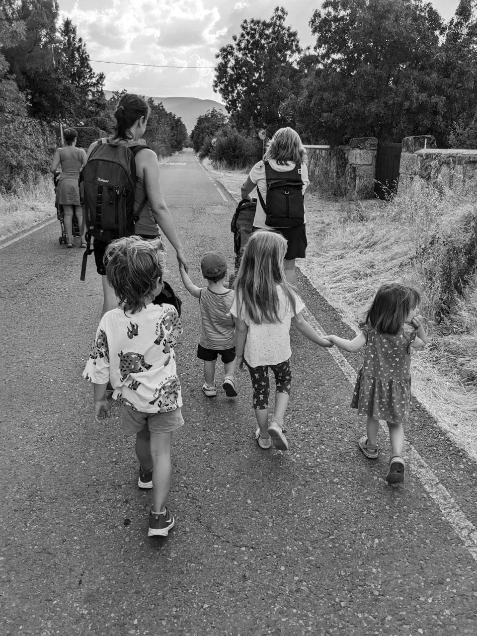 Fotografía tomada desde atrás de un grupo de adultas y peques durante un paseo por la naturalezael campamento de verano Otros Nidos.