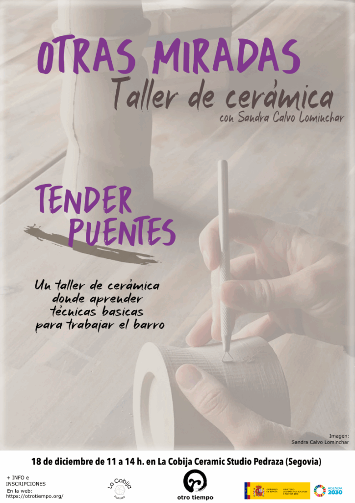 Cartel del taller de cerámica con Sandra Calvo. Imagen principal de las manos de la artista trabajando la cerámica.